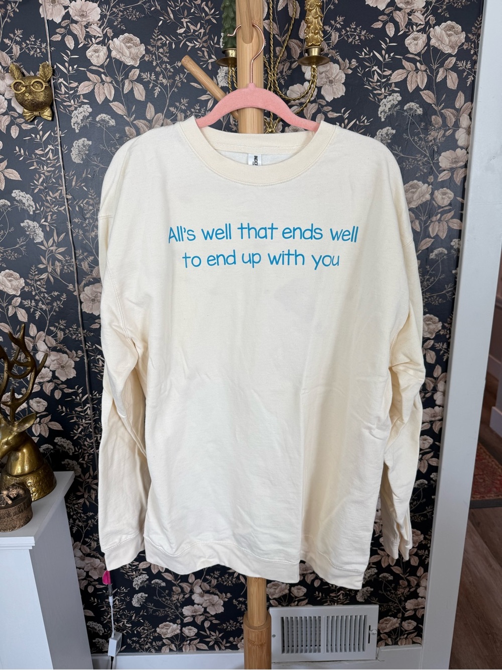 Cream Crewneck Sweatshirt with Blue “Lover” Lyrics
